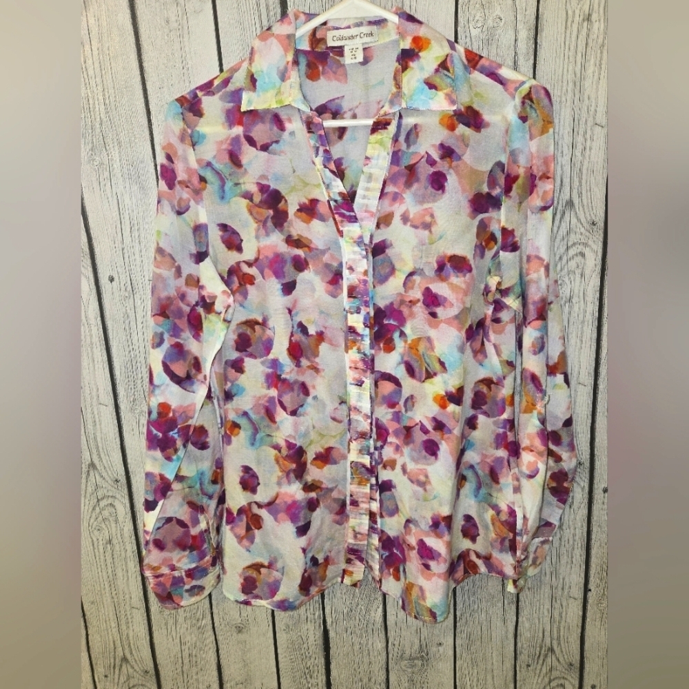 Coldwater Creek Silk Blend XS Pink Floral Crinkle Fabric Blouse Shirt Top